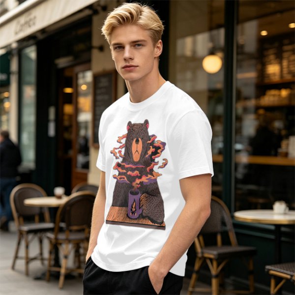 Olive T-Shirt With A Bear Holding A Campfire Mug Design
