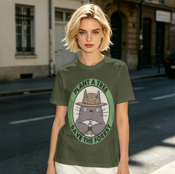Olive green Totoro graphic t-shirt with plant a tree save the forest slogan