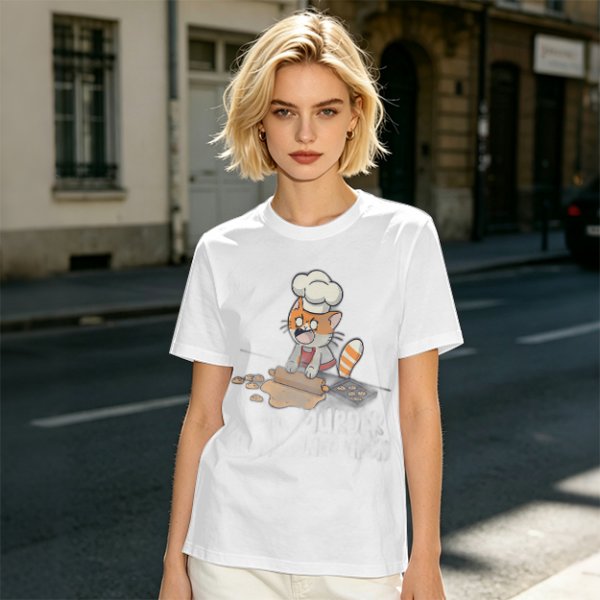 Olive T-shirt with a stressed cartoon cat baking cookies