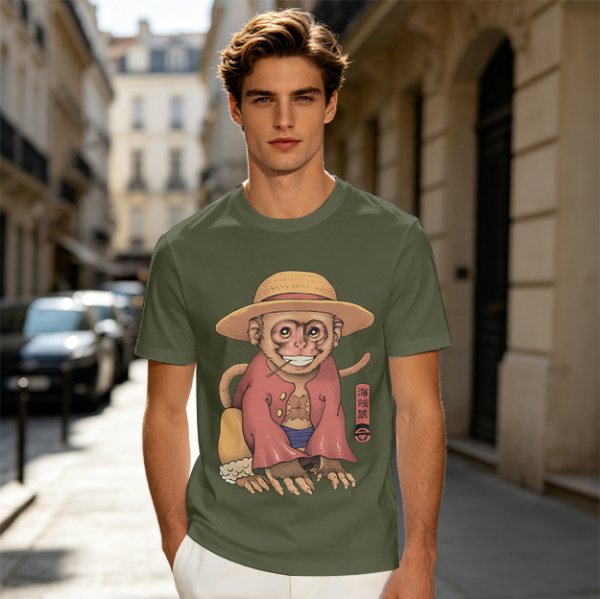 Olive T-Shirt With Monkey In Straw Hat Pirate Print