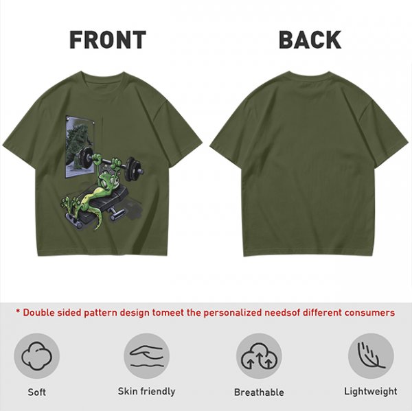 Olive T-shirt with cartoon lizard bench pressing weights in gym mirror