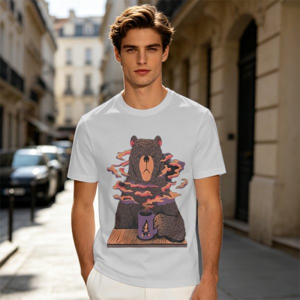 Olive T-Shirt With A Bear Holding A Campfire Mug Design