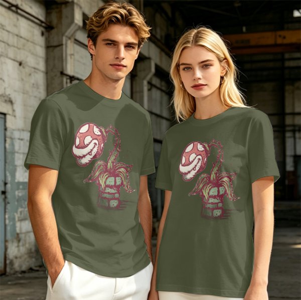 Olive Green T-Shirt With Piranha Plant Graphic Print