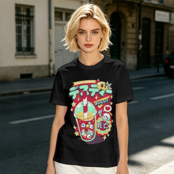 Olive t-shirt with spooky skull bubble tea graphic and Japanese text