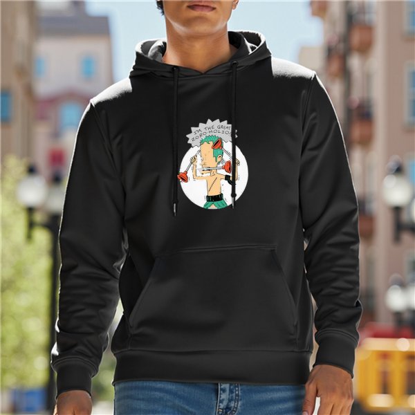 Black hoodie with cartoon pirate swordsman graphic print