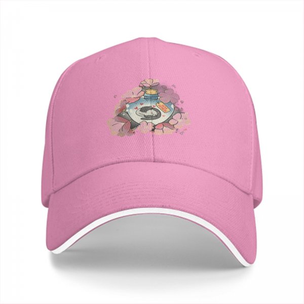Black baseball cap with sleeping cat in potion bottle and pink flowers print