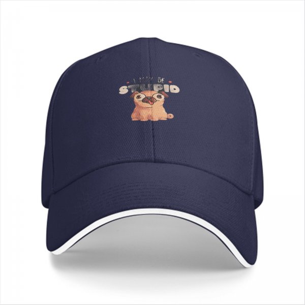 Black baseball cap with 'I MAY BE STUPID' and cute pug graphic