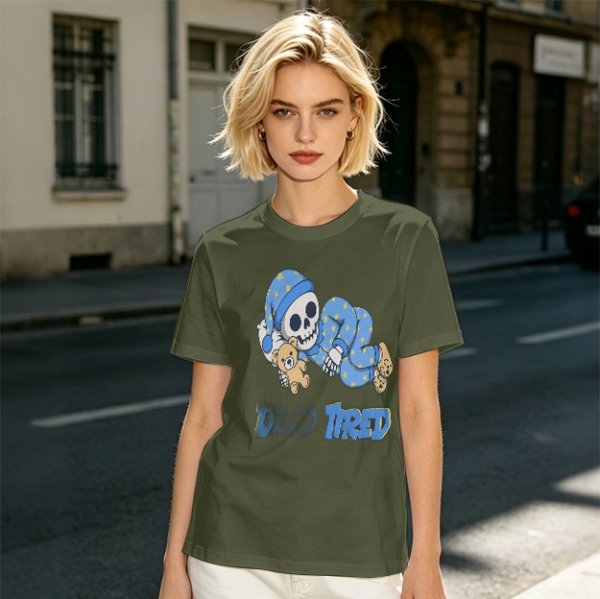 Olive T-Shirt with Sleeping Skeleton in Pajamas 'Dead Tired' Print