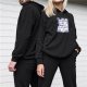 Black hoodie with vintage-style decorative text and graphic print