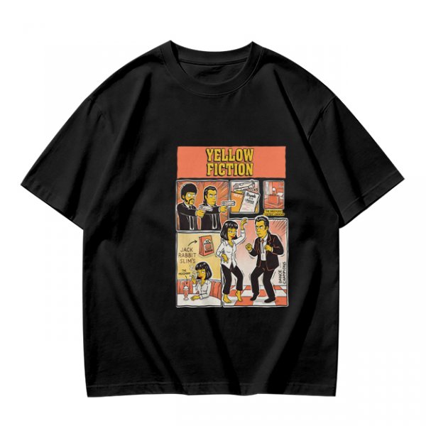 Olive green t-shirt with Yellow Fiction Simpson-style Pulp Fiction dance print