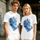 Olive T-shirt with retro blue cartoon car and characters graphic