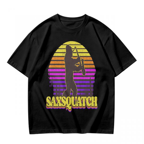 Saxsquatch Bigfoot Playing Saxophone Retro Sunset T-Shirt