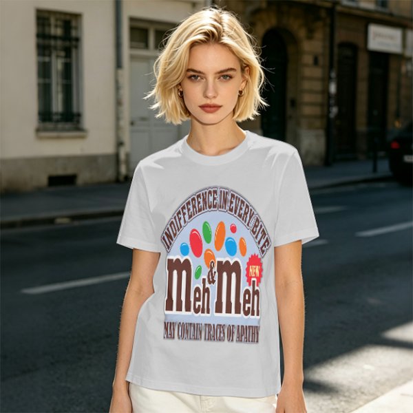 Meh and Meh novelty graphic t-shirt with indifference themed print
