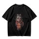 Olive t-shirt with a cartoon cat and coffee cup graphic