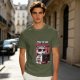 Olive graphic t-shirt with raccoon doing the bare minimum at computer