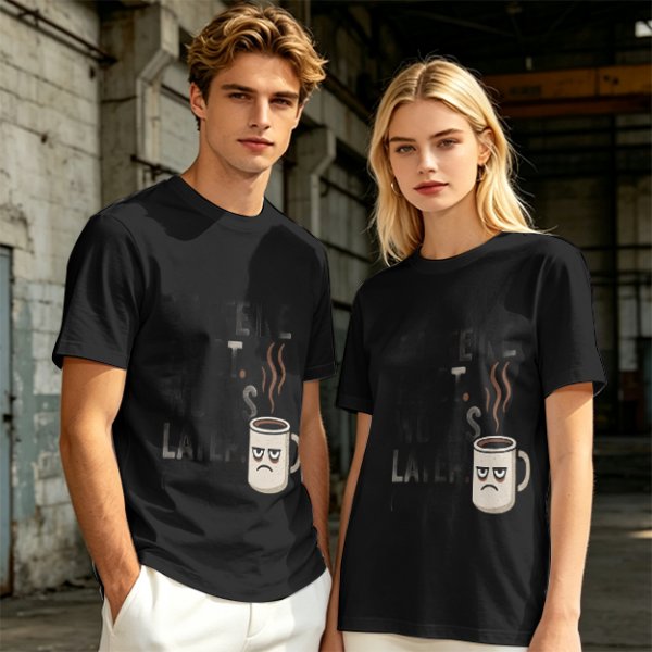 Olive t-shirt with 'Caffeine First Words Later' grumpy coffee mug print