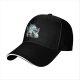 Black baseball cap with dragon and anime character graphic print