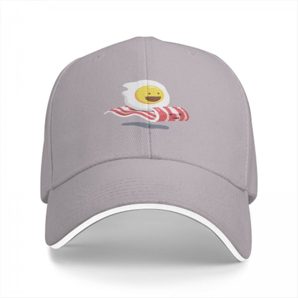 Black Baseball Cap with Smiling Fried Egg and Bacon Print