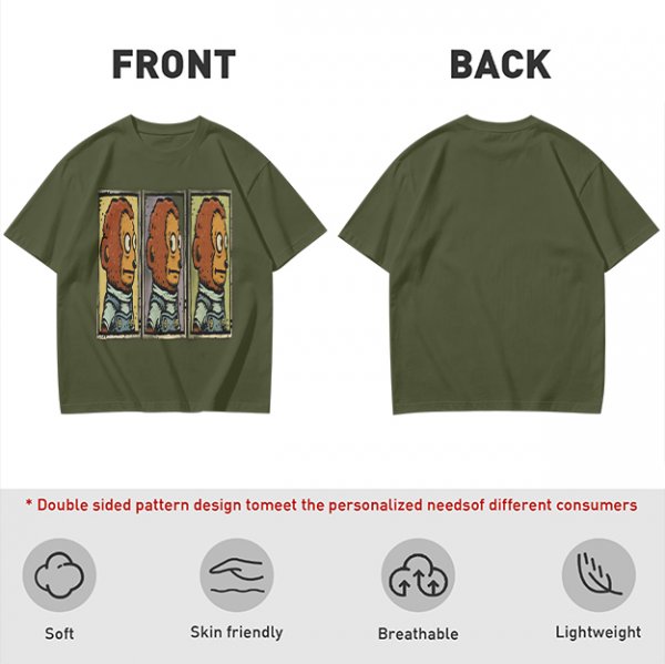 Olive Green T-Shirt With Three Panel Cartoon Monkey Head Print