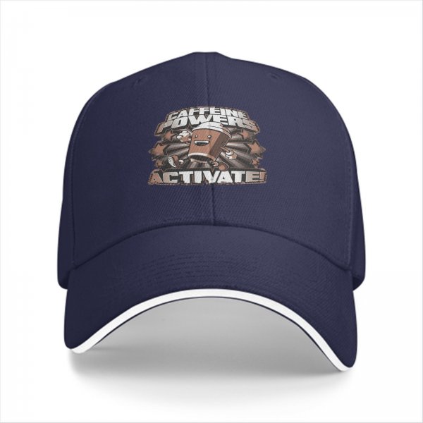 Black baseball cap with 'Caffeine Powers Activate!' coffee graphic