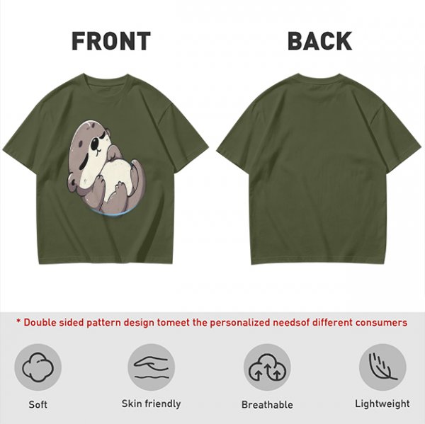 Olive Green T-Shirt with Cute Sleeping Otter Graphic