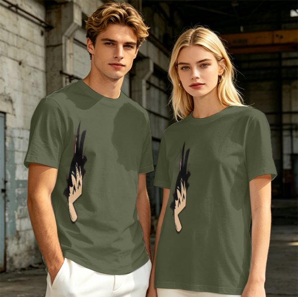 Olive green oversized t-shirt with stylized hand graphic print