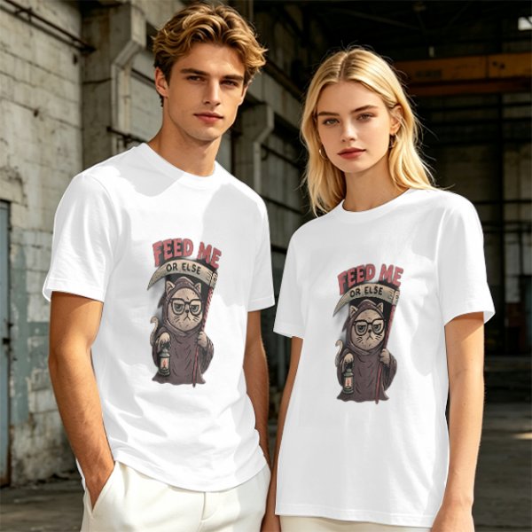 Olive T-shirt with Grim Reaper Cat 'Feed Me Or Else' Print