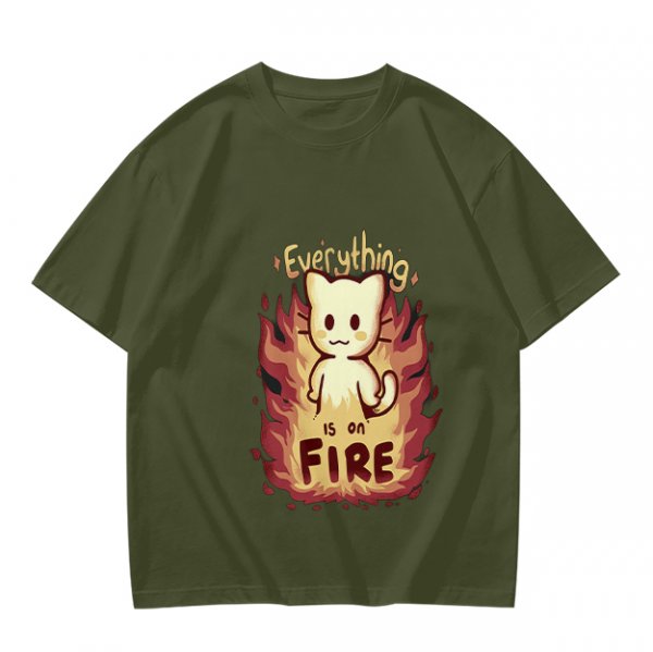 Olive Graphic T-Shirt With Everything Is On Fire Cat Design