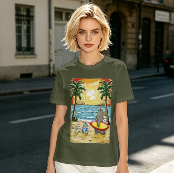 Olive T-Shirt with Beach Scene Print Featuring Totoro and Friends