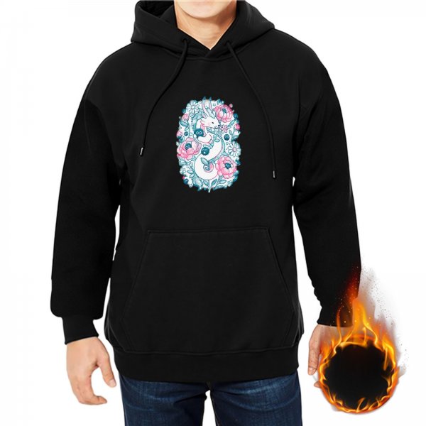 Black hoodie with whimsical floral dragon graphic print