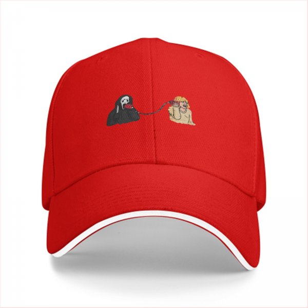 Black baseball cap with Scream ghost and victim phone call graphic