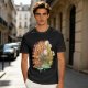 Olive Green T-Shirt with Whimsical Nature Floral and Rock Art Print