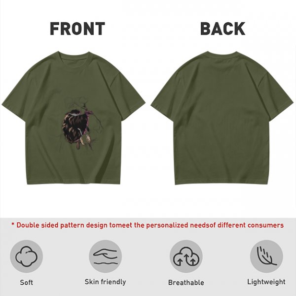 Olive green graphic t-shirt with dark fantasy creature print
