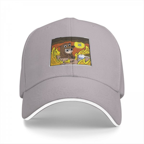 Black baseball cap with cartoon bear costume character in fiery cave print