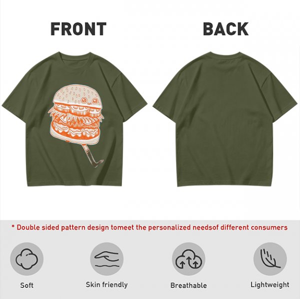 Olive T-Shirt With Cute Cartoon Hamburger Print