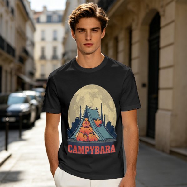 Capybara Camping Tent Full Moon Graphic T-Shirt