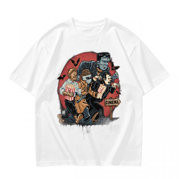 Olive T-Shirt with Classic Horror Monsters Going to Cinema Print