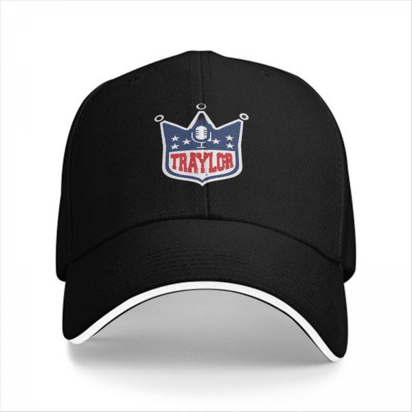 Black baseball cap with TRAYLOR crown shield logo and microphone design