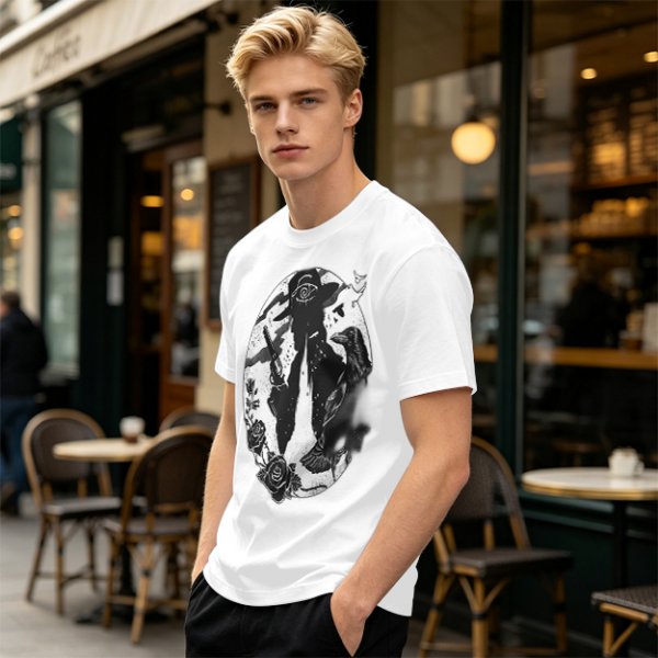 Olive T-Shirt With Western Gunslinger Crow And Roses Graphic