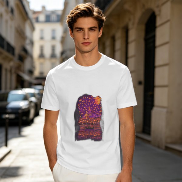 Olive T-Shirt with Purple Sunset Boat Scene Graphic
