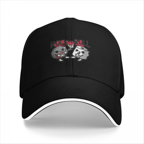 Black Baseball Cap With Rock And Roll Cartoon Graphic Design