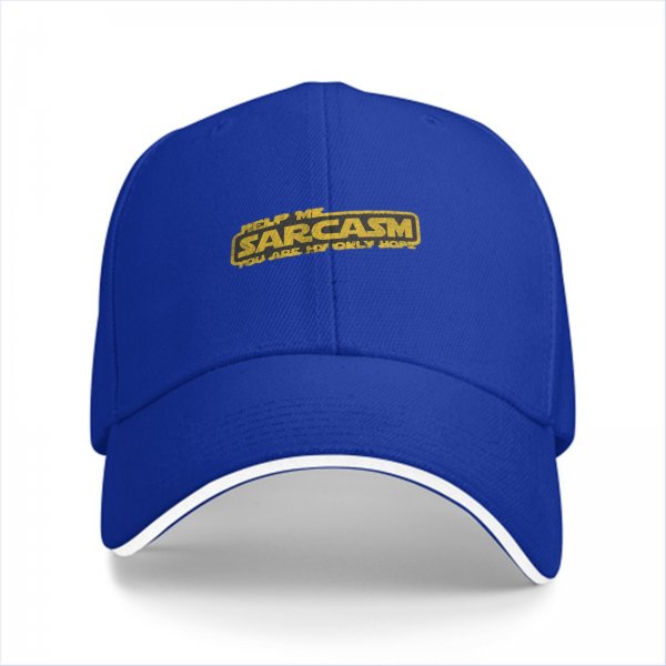 Black baseball cap with 'Help Me Sarcasm You Are My Only Hope' print