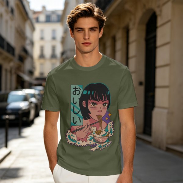 Olive anime graphic t-shirt with girl eating ramen and Japanese text