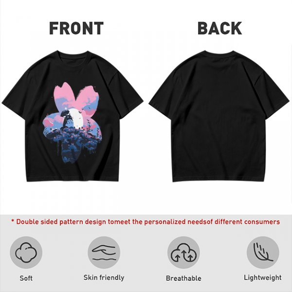 Olive T-Shirt with Sakura Flower and Whimsical Forest Creature Print