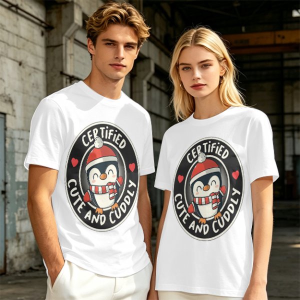 Olive T-Shirt with Cute Penguin 'Certified Cute and Cuddly' Print
