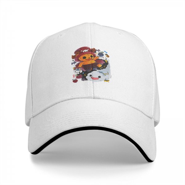 Black baseball cap with cute anime pirate character and cloud graphic