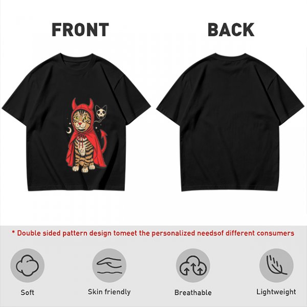 Olive T-shirt with a tabby cat in a devil hood and skull cat graphic