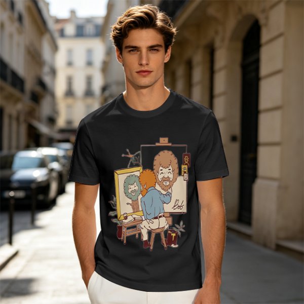 Olive Green T-Shirt With Cartoon Artist Painting Self Portrait Artwork