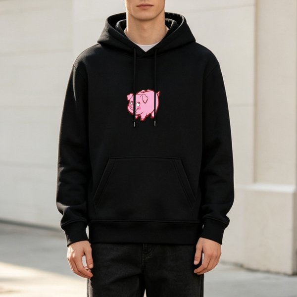 Black Hoodie With Cute Pink Pig Graphic Print