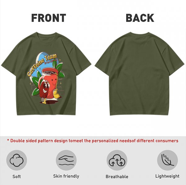 Olive green graphic t-shirt with caffeine team coffee cup and bean illustration